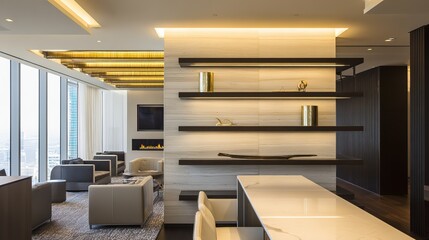 Modern lounge with sleek furniture and neutral tones, embodying minimalist elegance and contemporary comfort.