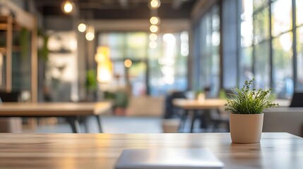 Focus on a wooden table with a closed laptop and a small plant, set against the blurred, luminous interior of a modern coffee shop or co-working space