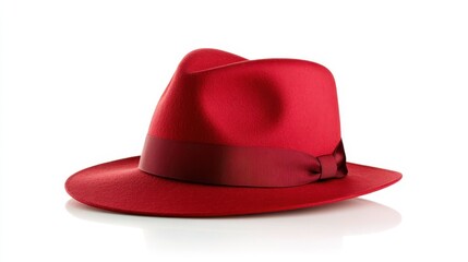 A striking red fedora hat stands alone against a seamless white background, emphasizing its timeless style and craftsmanship in fashion and accessory design.