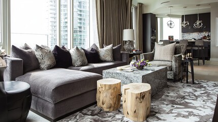 Modern lounge with sleek furniture and neutral tones, embodying minimalist elegance and contemporary comfort.