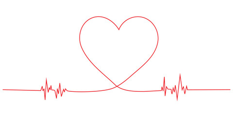 Heart. Red continuous single line drawing heart pulse icon. Heartbeat Logo , Cardiogram. One line heartbeat graph. Vector graphic illustration.