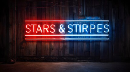Illuminated stars and stirpes neon sign against a wooden wall with red and blue lighting effect