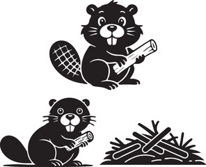 Cartoon beaver icon with wood log black silhouette vector © Ajmena