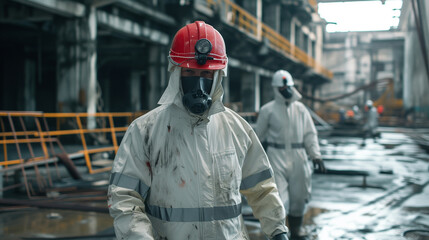 A construction worker in glasses and a helmet watches the construction site against the background of a worker