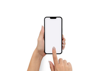 Woman holding mobile phone in hand, Blank phone screen, ready for use, isolated on white background