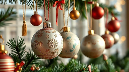 Fototapeta premium hanging christmas ornaments on pine tree, realistic elegant 3d render background