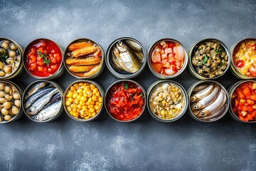 Canned food arranged in lines on a grey background, including sardines and tin cans