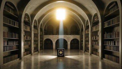 Golden cube glowing and ascending on pedestal in bookshelf-lined library, triggered by ceiling beam - Powered by Adobe