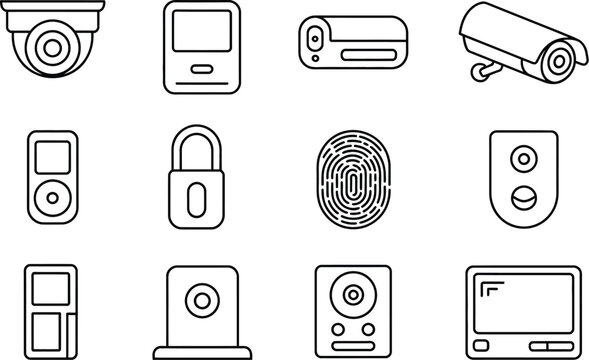 Outline icons of security cameras, media players, lock and fingerprint scan