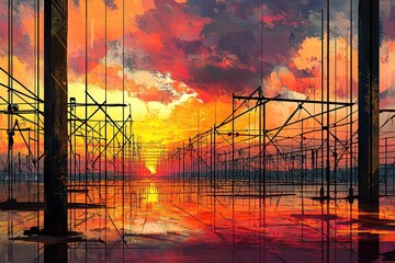 Center-pivot rain paintings and big steel frame overhead sprinklers at sunset on the farm