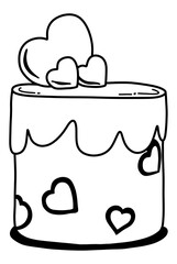 a black and white outline drawing of a charming cake, perfect for a coloring activity or simple graphic design.