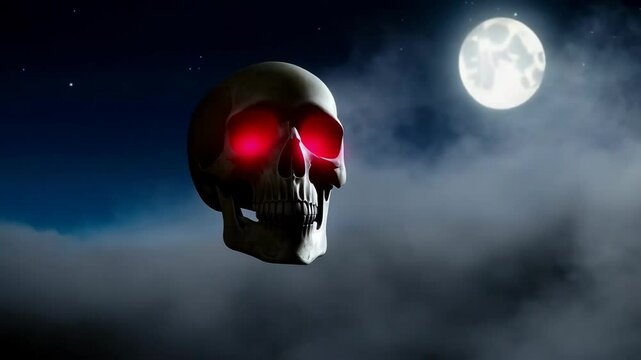 Eerie skull with glowing eyes floats over moonlit cloudscape at night