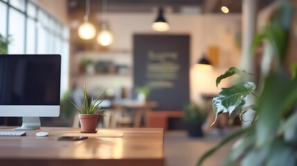 Contemporary business office interior with a focus on a wooden desk, computer, and green plants in a blurred background