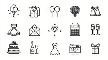Wedding Celebration Icons: Balloons, Bride's Dress, Suit, Cake & More