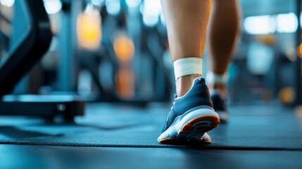 Athlete with injured ankle wrapped in medical tape during workout, sports injury treatment and recovery concept, fitness and healthcare theme.