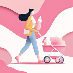 Modern Motherhood: Cheerful Illustration of Parent and Baby Stroller Journey