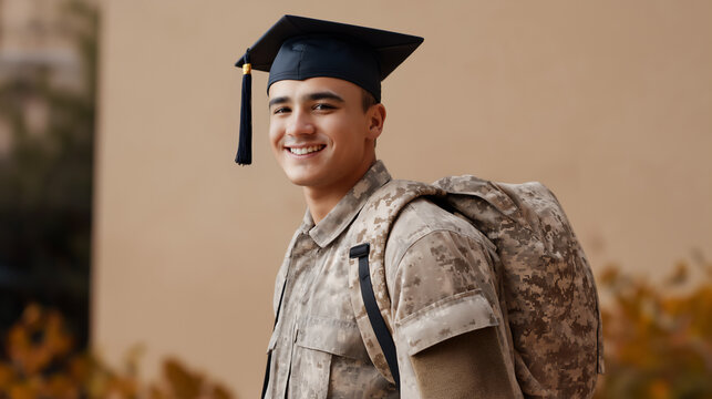 Smiling and confident young Hispanic man wearing camouflage uniform and graduation cap, GI Bill education concept