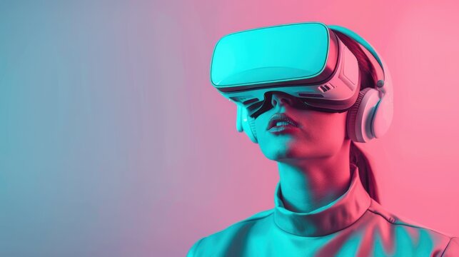 A woman experiences a virtual reality world with a headset and headphones, embodying the fusion of technology and human interaction in a vibrant, colorful setting. - Powered by Adobe