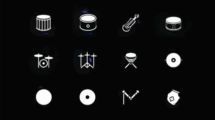Drums & Percussion: Vector Icons of Music Symbols on Black Background