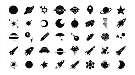 Whimsical Celestial Symbols: Black and White Space Icons & Rocket Illustrations