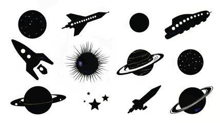 Space Rockets, Planets, and Stars: Black & White Cosmic Exploration Art