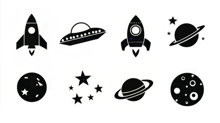 Black and White Vector Illustration of Rocket Spaceship in Cosmos Exploration