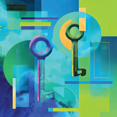 Abstract Art with Colorful Keys and Geometric Shapes in Vibrant Textures