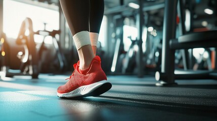Athlete with injured ankle wrapped in medical tape during workout, sports injury treatment and recovery concept, fitness and healthcare theme.