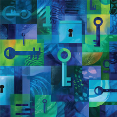 Abstract Key and Lock in Blue Tones with Colorful Geometric Patterns