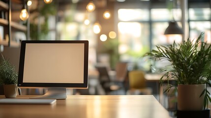 Computer monitor with a blank white screen on a wooden table in a modern office interior with a blurred background, ideal for mockup or presentation