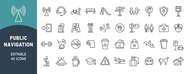 Public Navigation Outline Icon Set – Vector Line Icons of Maps, Locations, Routes, Signboards, and Directional Symbols for Urban Wayfinding and Travel Guidance