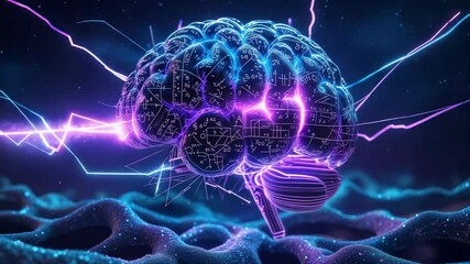 Sending pink pulse at left edge, neon brain glowing above voidlike grid surface with electric arcs - Powered by Adobe