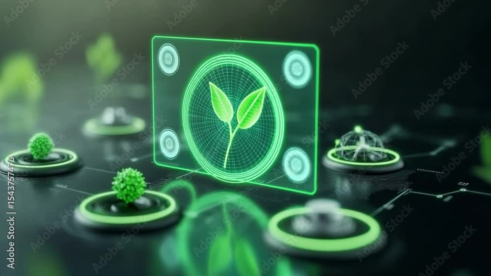 Poster Green Technology: Futuristic design with a central glowing screen displaying an abstract plant with futuristic connected technology, promoting innovative eco-friendly concepts.