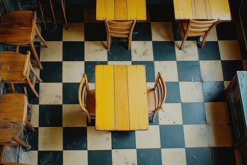 Cinematic, top-down view of yellow wooden tables and chairs centered on an old-fashioned checkered tile
