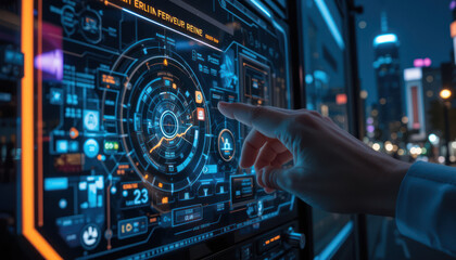 A hand interacts with a futuristic, glowing interface display with graphs and data, set against an urban cityscape at night.