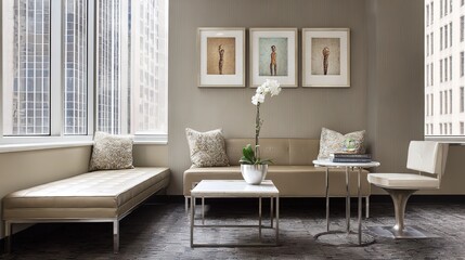 Modern lounge with sleek furniture and neutral tones, embodying minimalist elegance and contemporary comfort.