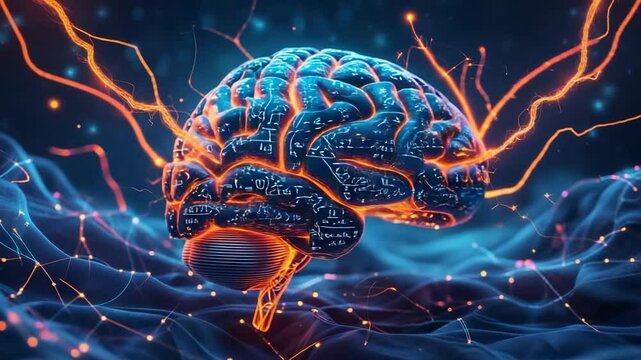 Initiating network surge, digital brain emerging and rotating within grid with math symbols