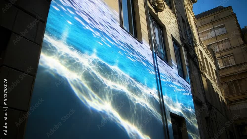 Poster a building with a projection of water on its side, ideal for use in concepts related to innovation, 