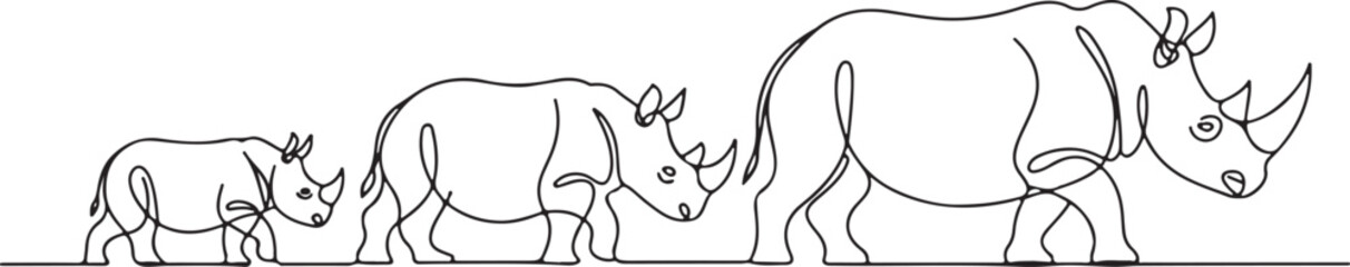 Continuous line drawing of three rhinoceroses walking in profile, minimalist black and white animal art

