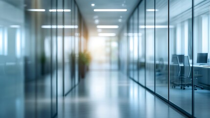 Bright and modern corporate office hallway with glass partitions and a blurred background, representing a professional business workspace