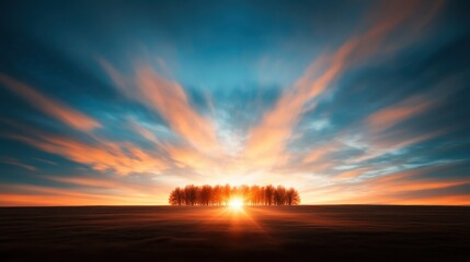 Obraz premium A stunning sunset paints the sky with dramatic colors, illuminating a serene landscape characterized by silhouetted trees, evoking feelings of peace and tranquility in nature’s beauty.