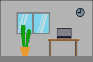 Modern Workspace: A simple office space features a potted cactus, a laptop on a desk, a window and a clock on the wall. Embracing minimalist design, creating a serene atmosphere. 