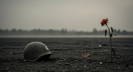 Military Helmet and Red Poppy Flower on Ground Remembrance Day Symbol of Sacrifice War Veteran Memorial Field Somber Atmosphere Still Life Photo