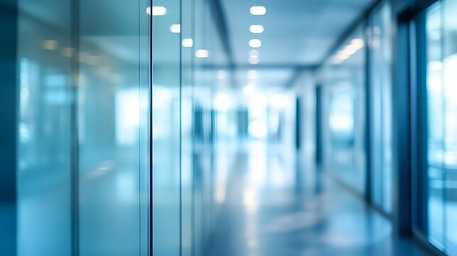 Blurred perspective of a modern office corridor with glass walls, representing corporate future and business vision