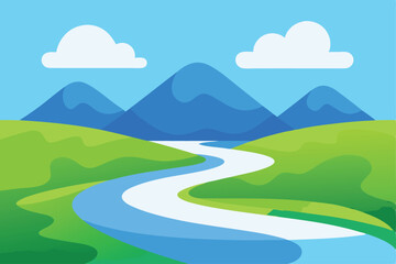 Obraz premium A stylized landscape depicting a river winding through green hills and mountains.