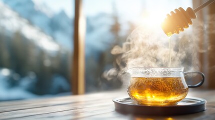 A steaming glass teapot filled with fragrant herbal tea and honey, illuminated by warm sunlight, evokes a cozy and inviting ambiance perfect for relaxation.