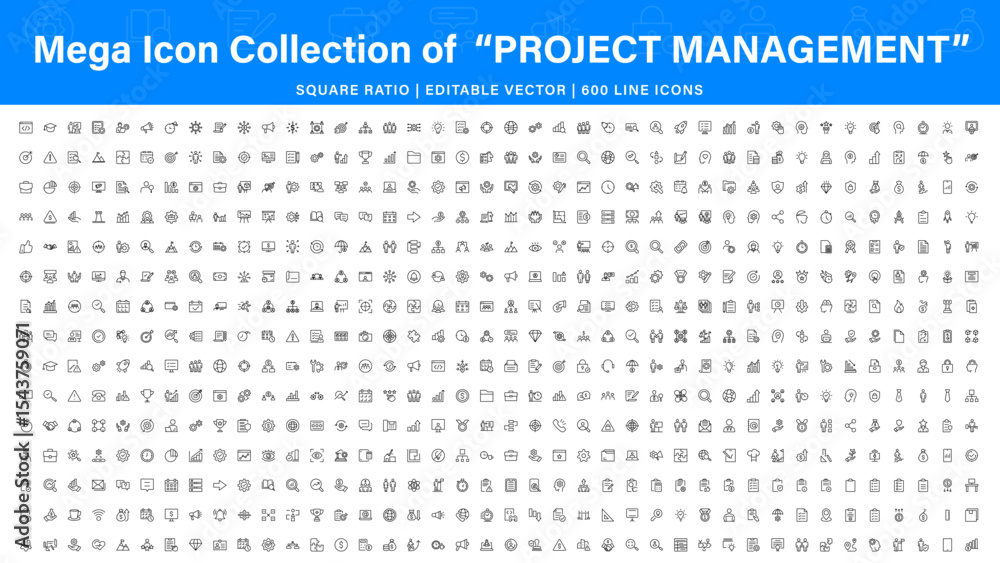 Poster project management mega icon collection. web icons in line style. outline icon collection related to