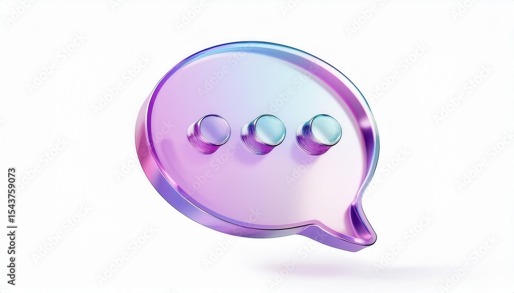 Poster glossy 3d chat bubble icon with translucent purple gradient and ellipsis dots isolated on white back