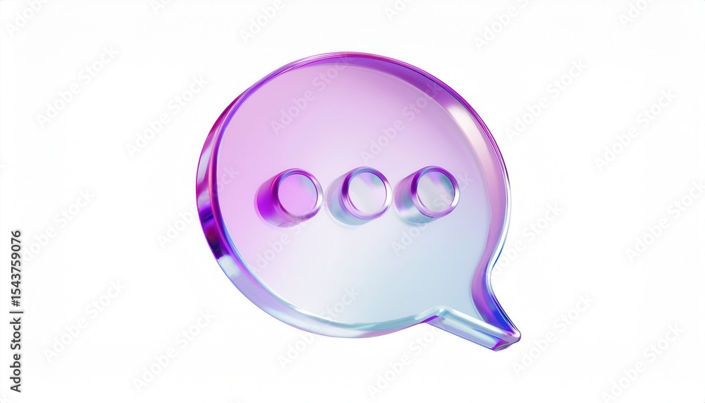 Poster glossy 3d chat bubble icon with translucent purple gradient and ellipsis dots isolated on white back