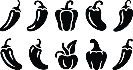A collection of ten black silhouette pepper icons on a white background